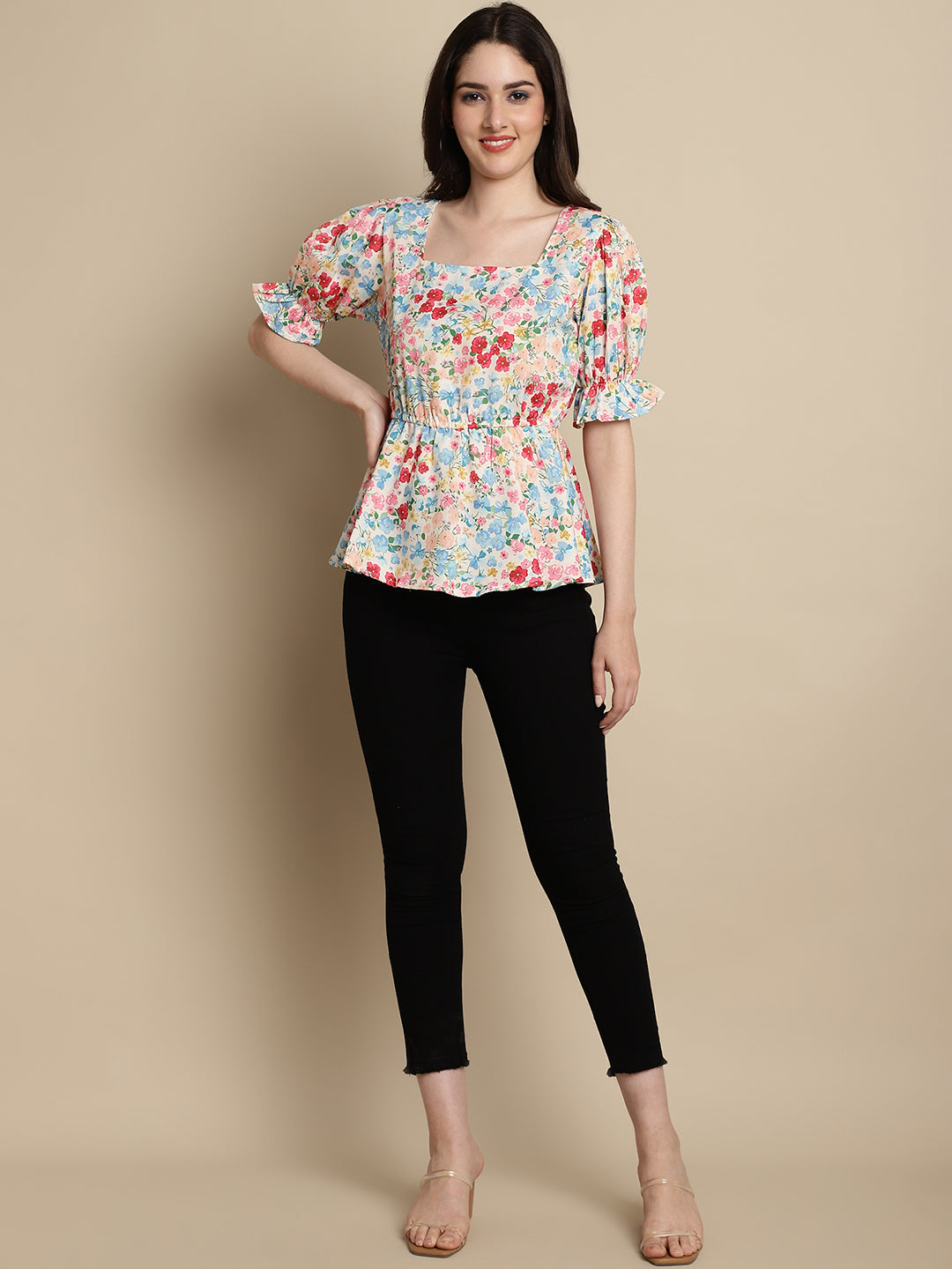 Jainish Women's Floral Print Puff Sleeves Top - Multi | Grocsy