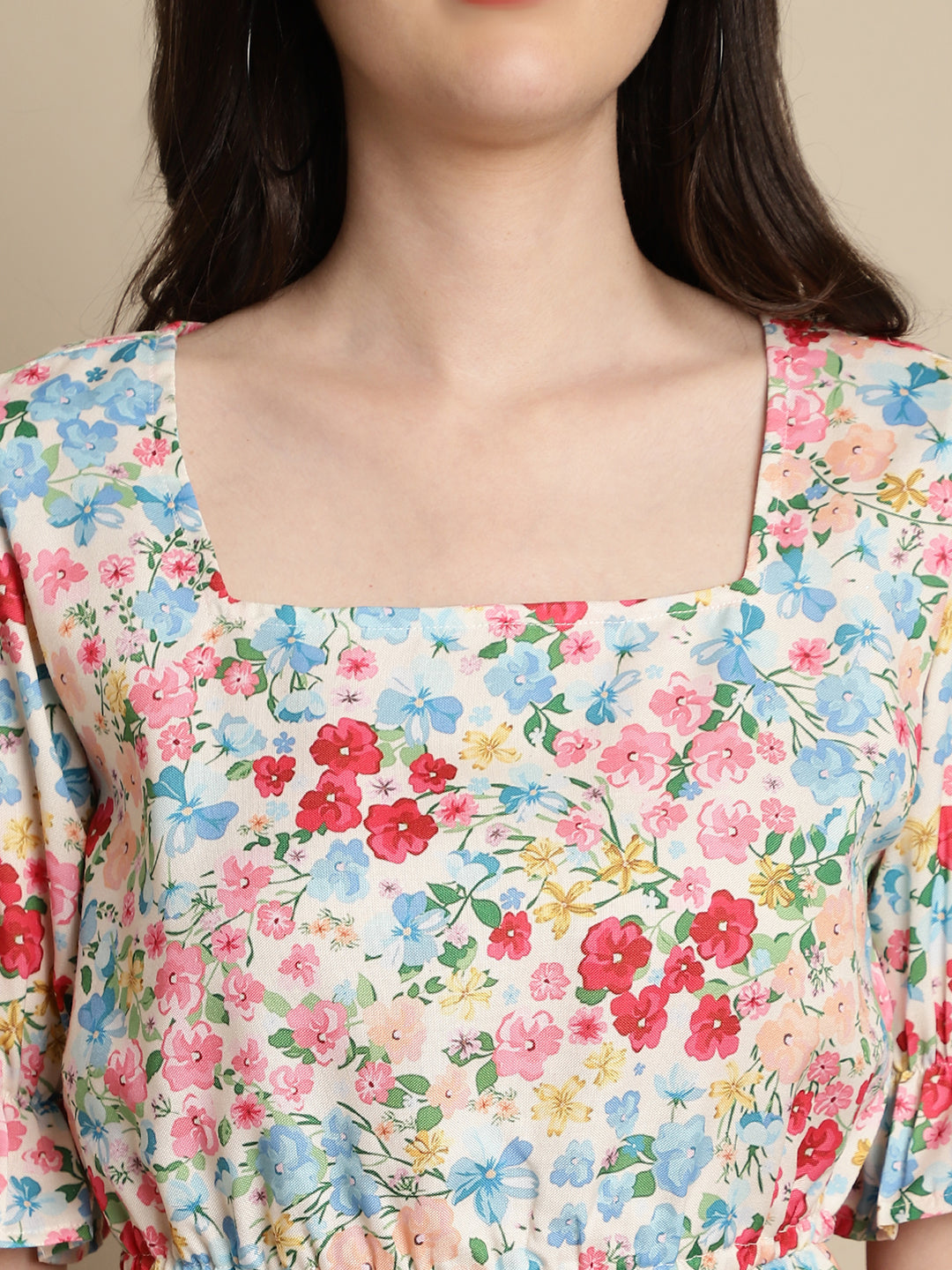 Jainish Women's Floral Print Puff Sleeves Top - Multi | Grocsy