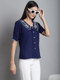 Jainish Women's Embroidered Peter Pan Collar Top - Navy Blue | Grocsy