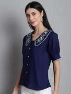 Jainish Women's Embroidered Peter Pan Collar Top - Navy Blue | Grocsy