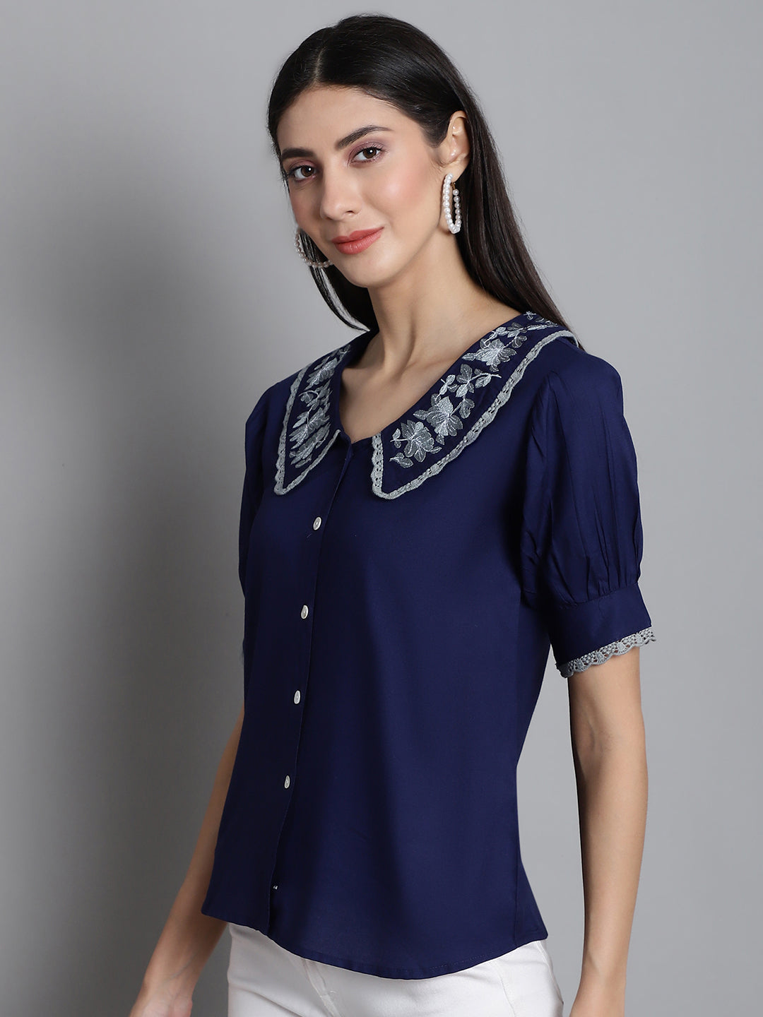 Jainish Women's Embroidered Peter Pan Collar Top - Navy Blue | Grocsy