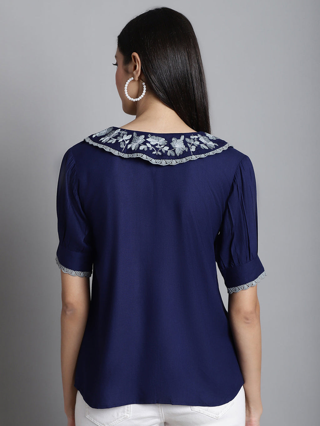 Jainish Women's Embroidered Peter Pan Collar Top - Navy Blue | Grocsy