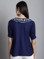 Jainish Women's Embroidered Peter Pan Collar Top - Navy Blue | Grocsy