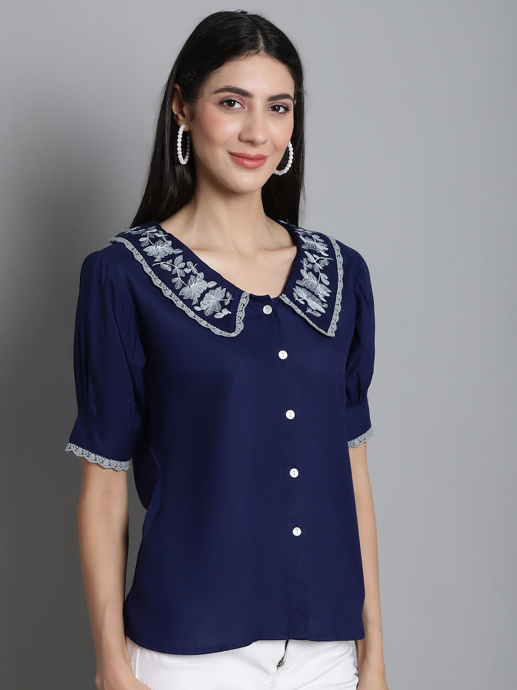 Jainish Women's Embroidered Peter Pan Collar Top - Navy Blue | Grocsy