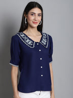 Jainish Women's Embroidered Peter Pan Collar Top - Navy Blue | Grocsy