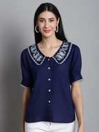 Jainish Women's Embroidered Peter Pan Collar Top - Navy Blue | Grocsy