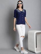 Jainish Women's Embroidered Peter Pan Collar Top - Navy Blue | Grocsy