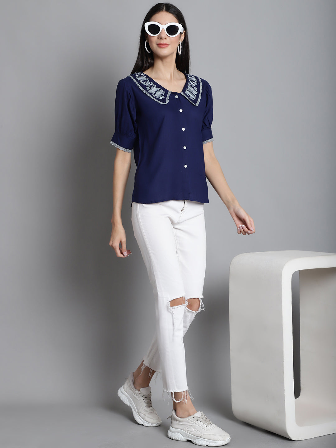Jainish Women's Embroidered Peter Pan Collar Top - Navy Blue | Grocsy