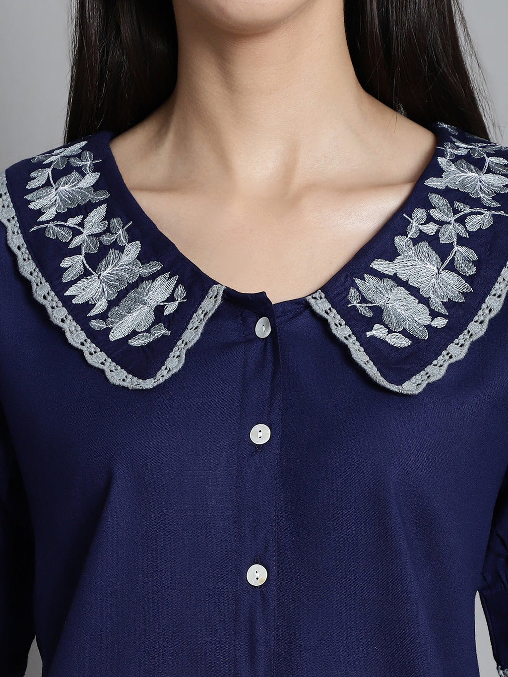 Jainish Women's Embroidered Peter Pan Collar Top - Navy Blue | Grocsy