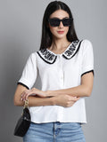 Jainish Women's Embroidered Peter Pan Collar Top - White | Grocsy