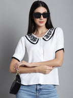 Jainish Women's Embroidered Peter Pan Collar Top - White | Grocsy