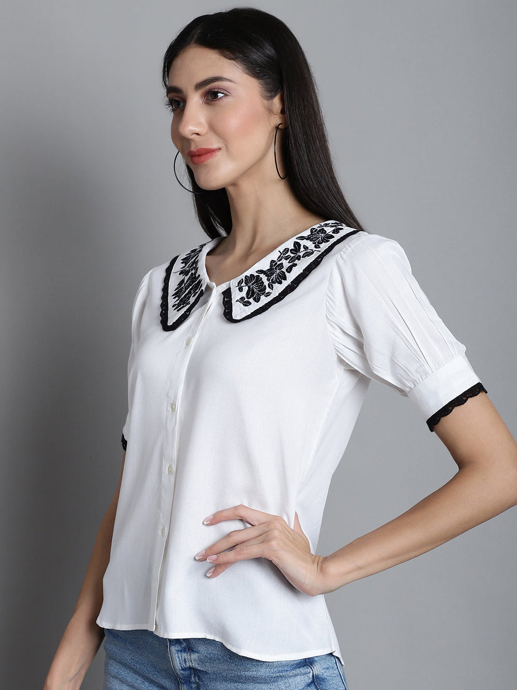 Jainish Women's Embroidered Peter Pan Collar Top - White | Grocsy
