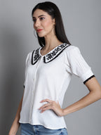 Jainish Women's Embroidered Peter Pan Collar Top - White | Grocsy