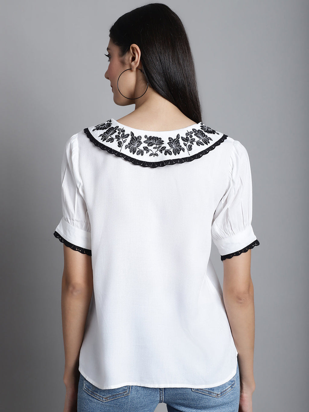 Jainish Women's Embroidered Peter Pan Collar Top - White | Grocsy