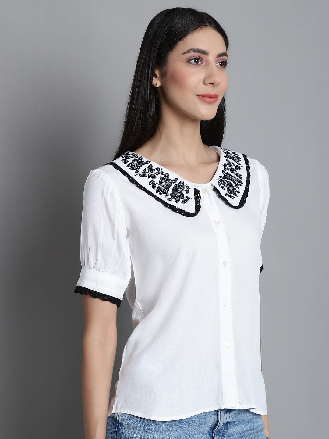 Jainish Women's Embroidered Peter Pan Collar Top - White | Grocsy