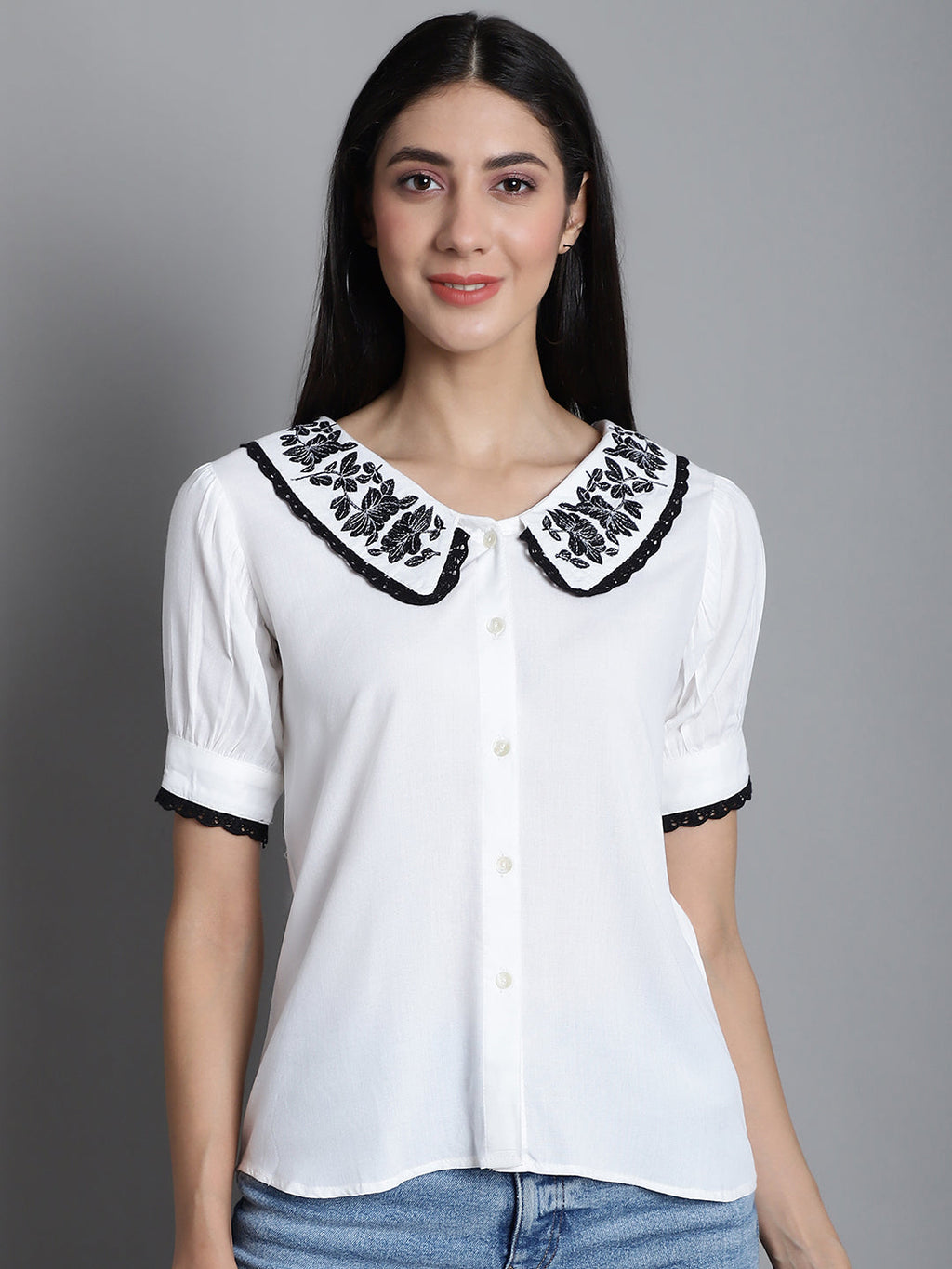 Jainish Women's Embroidered Peter Pan Collar Top - White | Grocsy