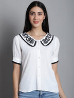 Jainish Women's Embroidered Peter Pan Collar Top - White | Grocsy