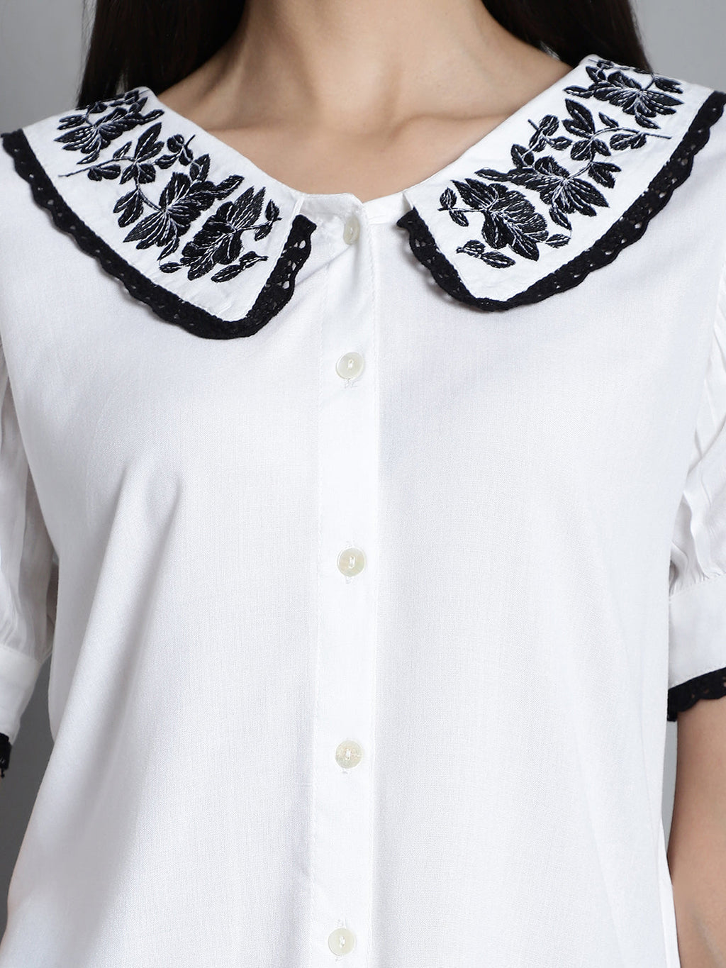 Jainish Women's Embroidered Peter Pan Collar Top - White | Grocsy