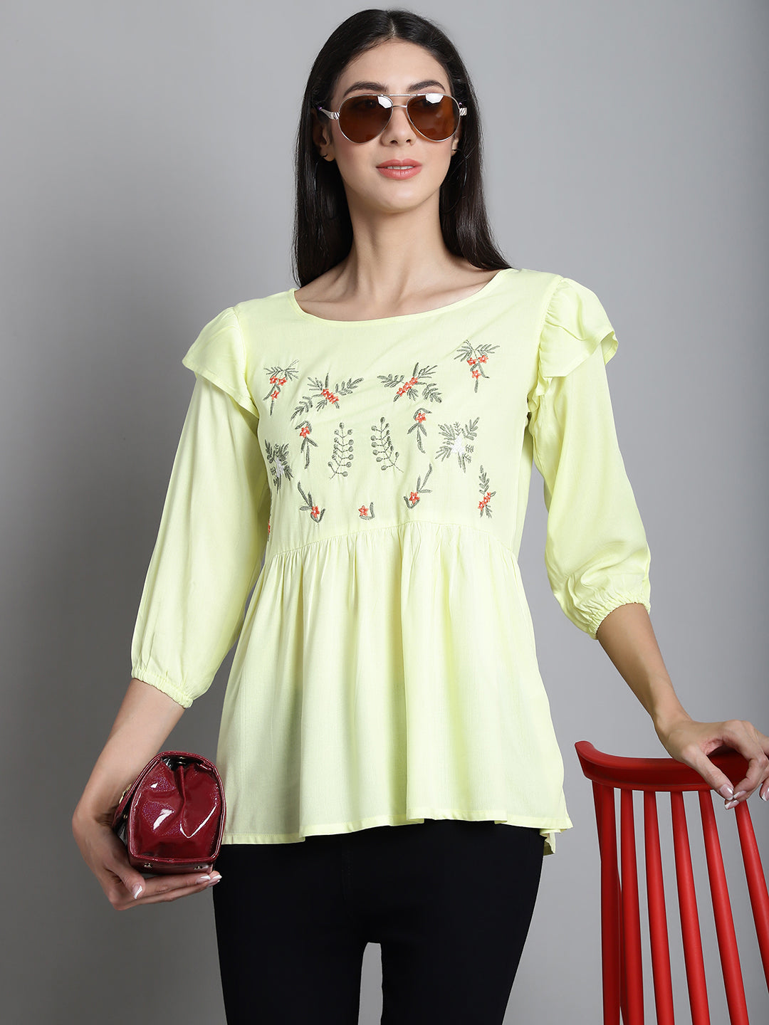 Jainish Women's Embroidered Stylish Top - Lemon | Grocsy