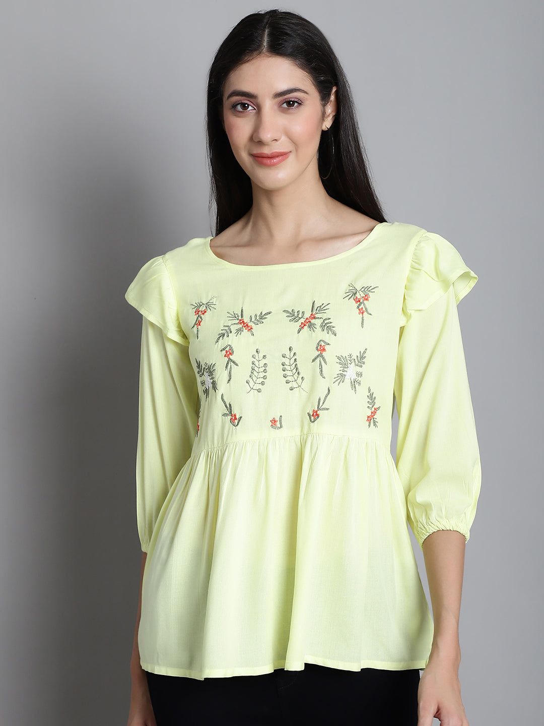 Jainish Women's Embroidered Stylish Top - Lemon | Grocsy