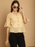 Indian Needle Women's Embroidered Cotton V-Neck Top - Beige | Grocsy