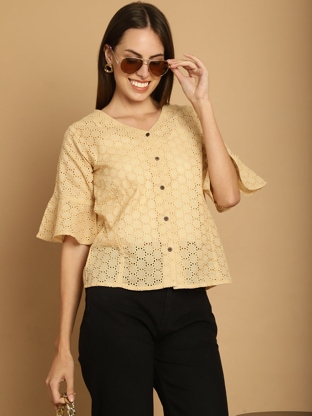 Indian Needle Women's Embroidered Cotton V-Neck Top - Beige | Grocsy