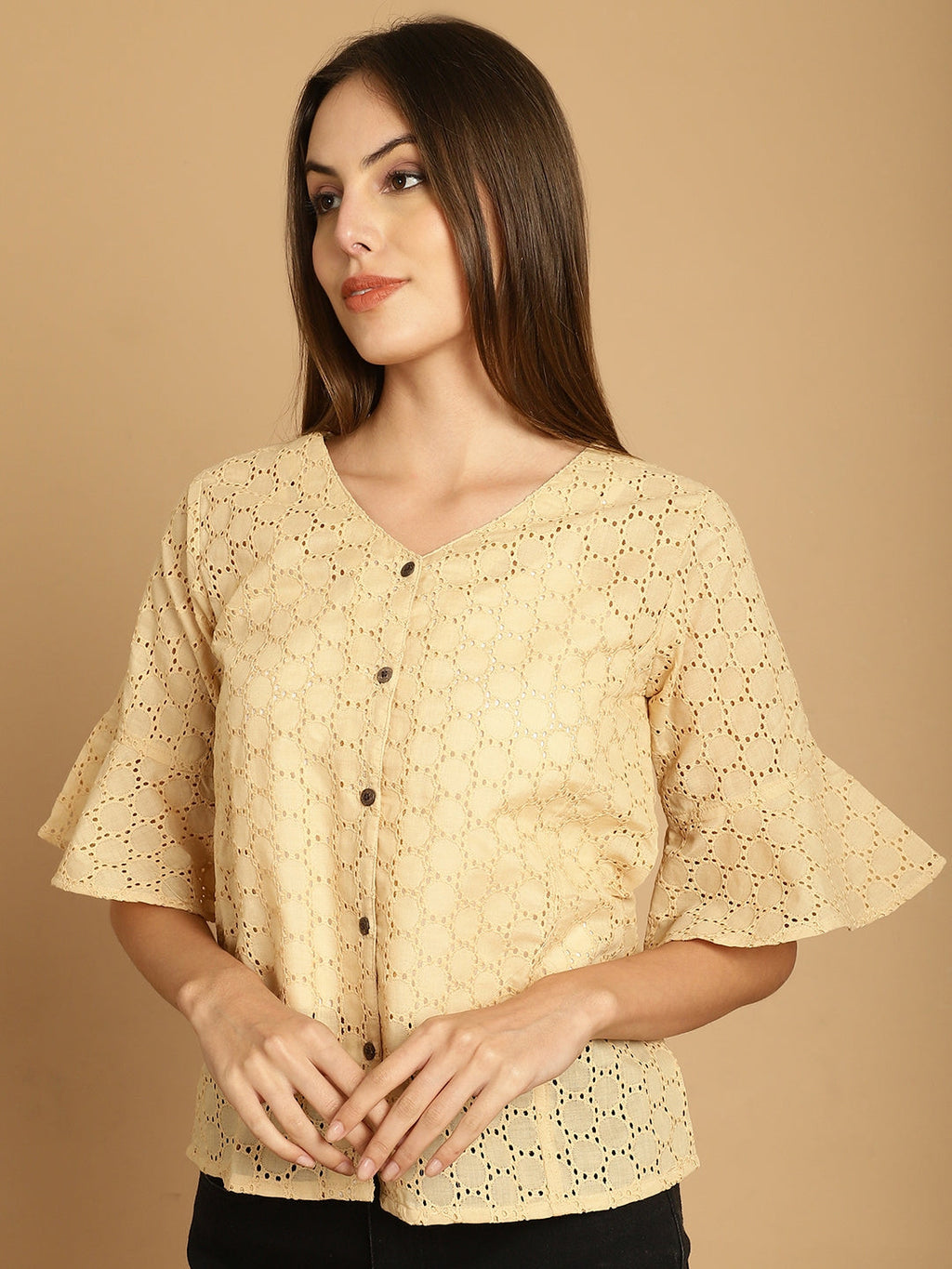 Indian Needle Women's Embroidered Cotton V-Neck Top - Beige | Grocsy
