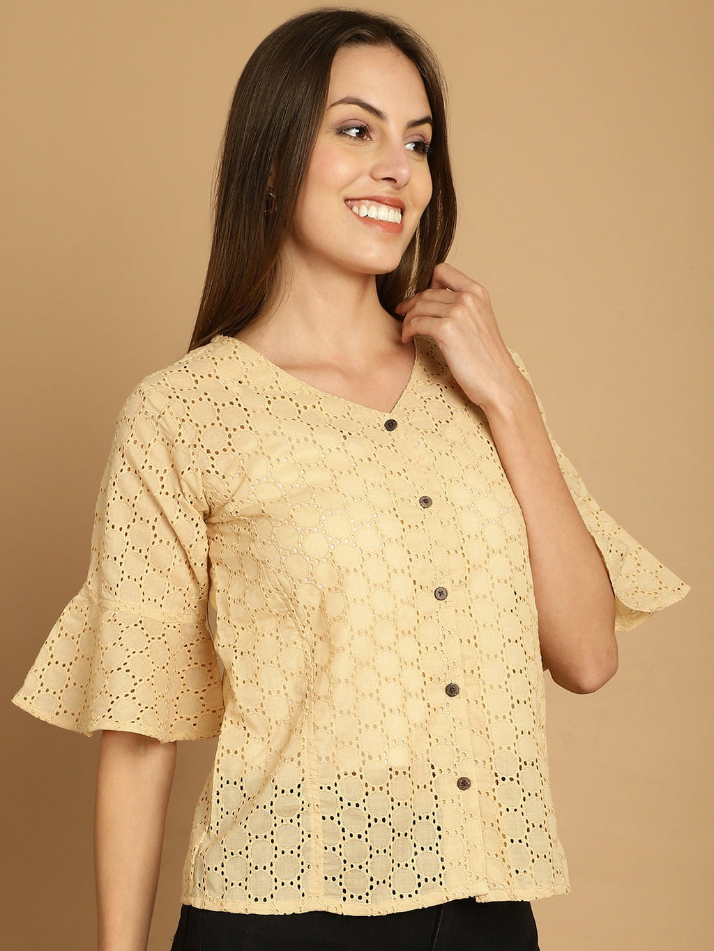 Indian Needle Women's Embroidered Cotton V-Neck Top - Beige | Grocsy