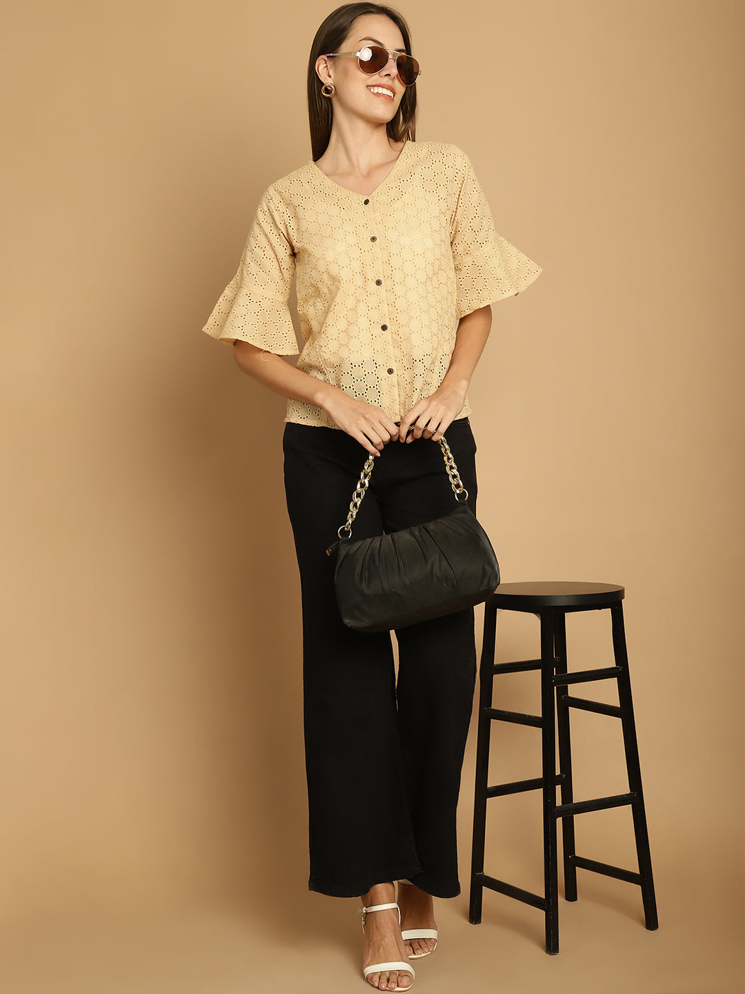 Indian Needle Women's Embroidered Cotton V-Neck Top - Beige | Grocsy