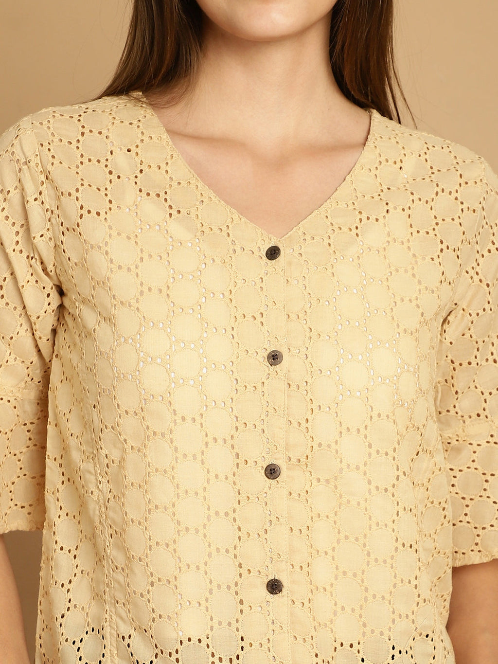 Indian Needle Women's Embroidered Cotton V-Neck Top - Beige | Grocsy