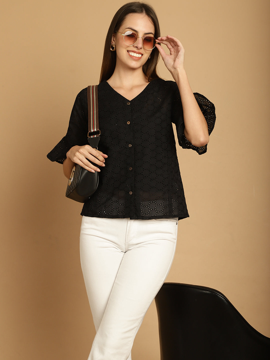 Indian Needle Women's Embroidered Cotton V-Neck Top - Black | Grocsy