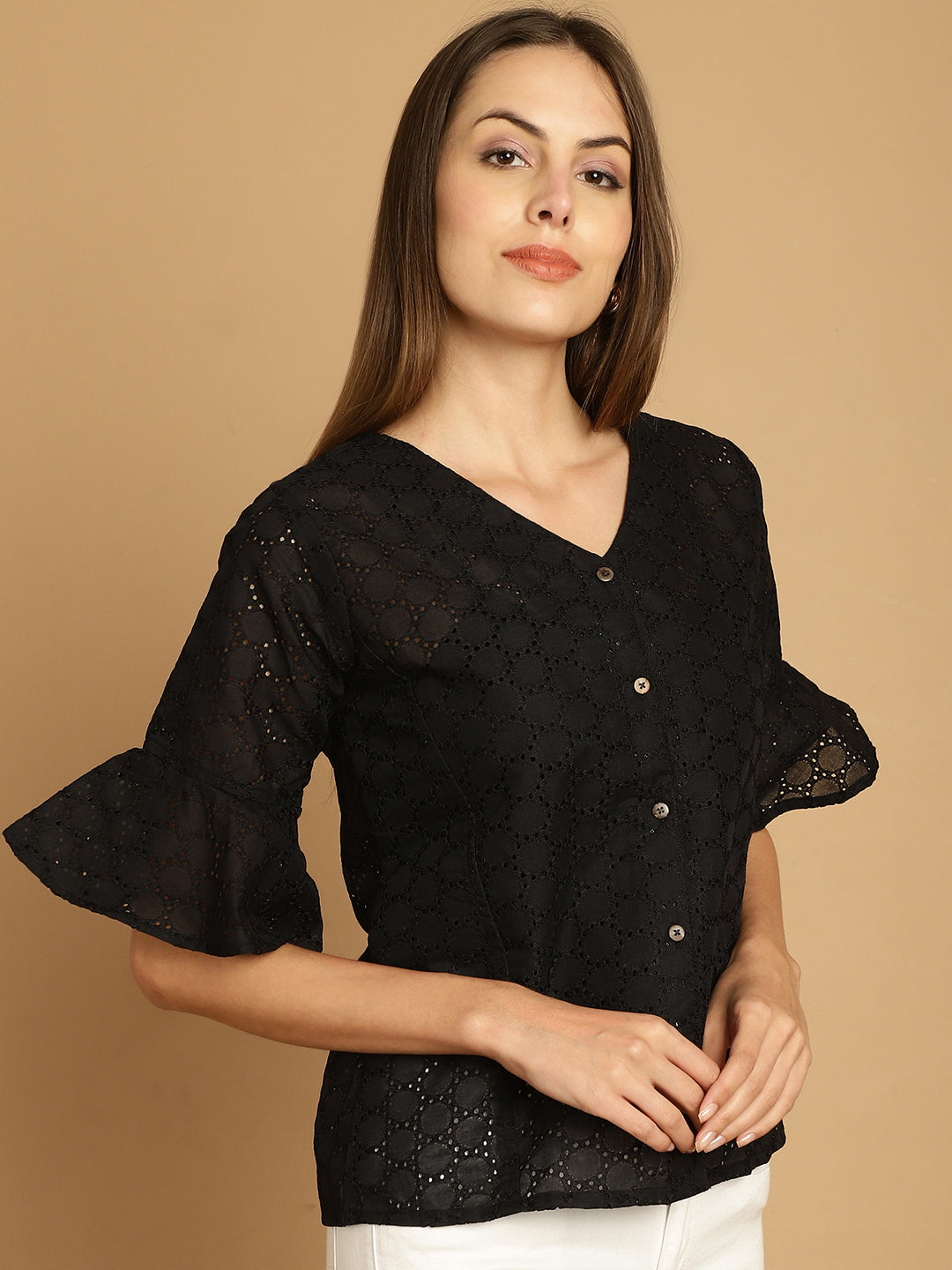 Indian Needle Women's Embroidered Cotton V-Neck Top - Black | Grocsy