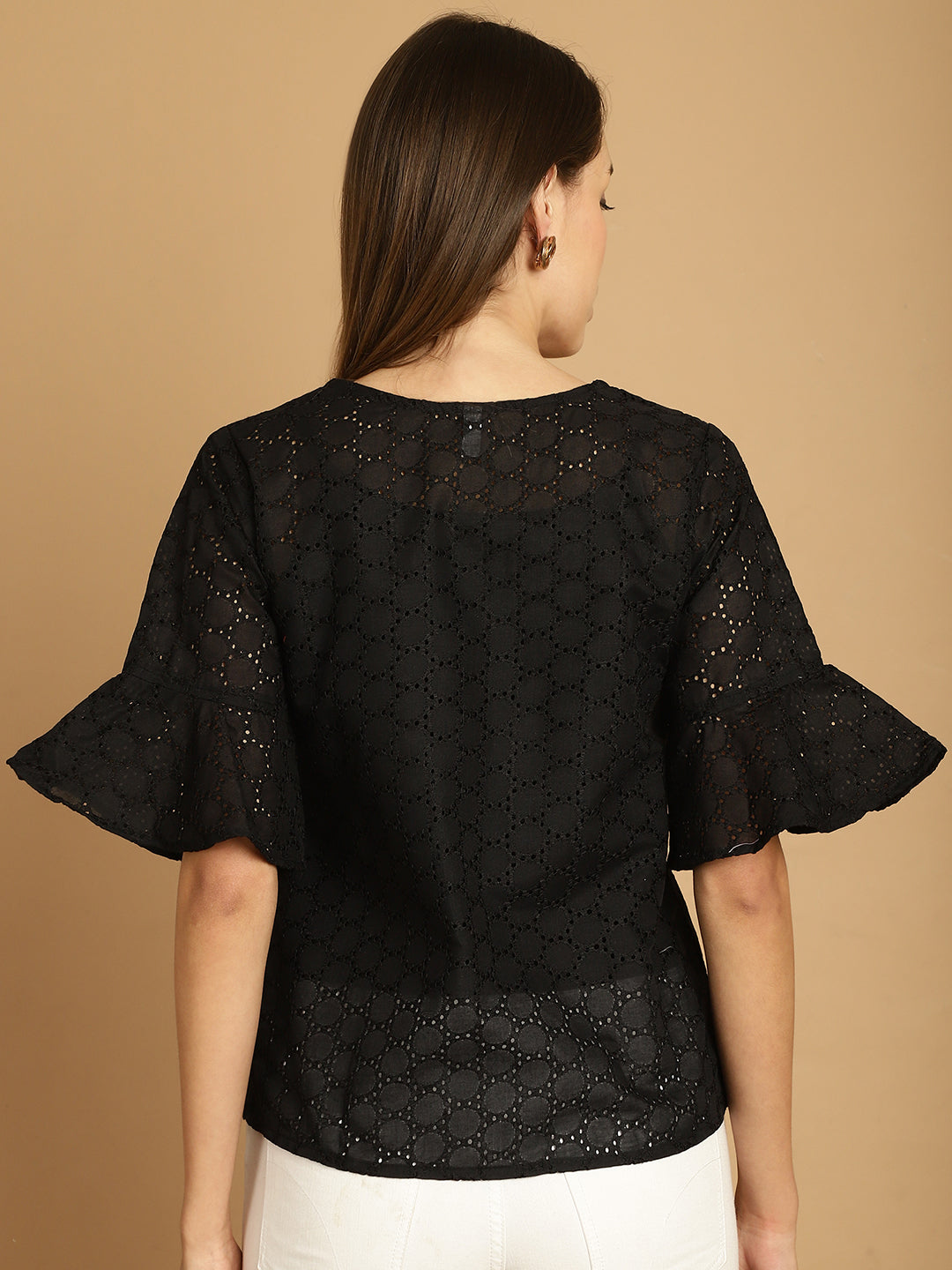 Indian Needle Women's Embroidered Cotton V-Neck Top - Black | Grocsy