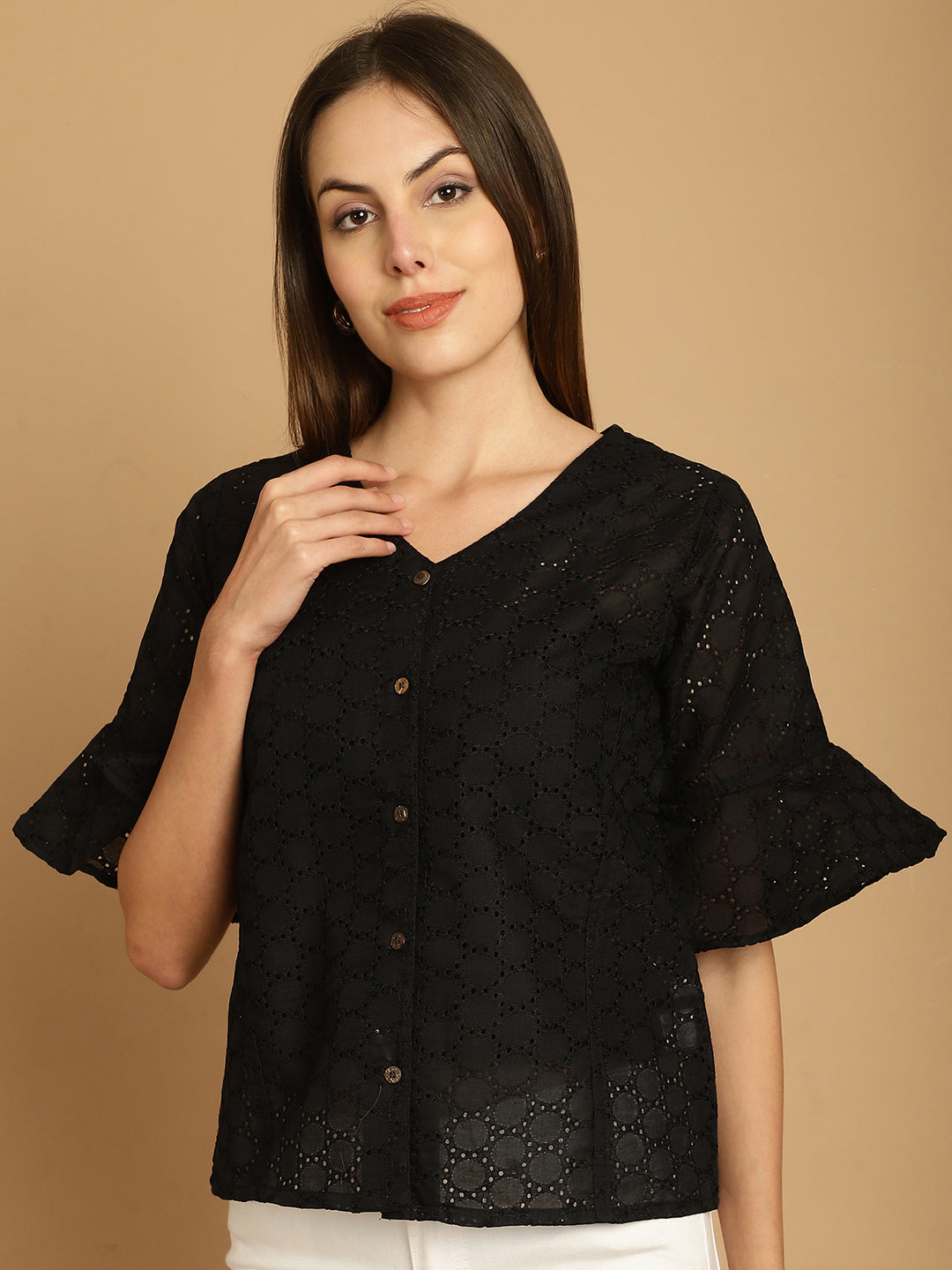 Indian Needle Women's Embroidered Cotton V-Neck Top - Black | Grocsy