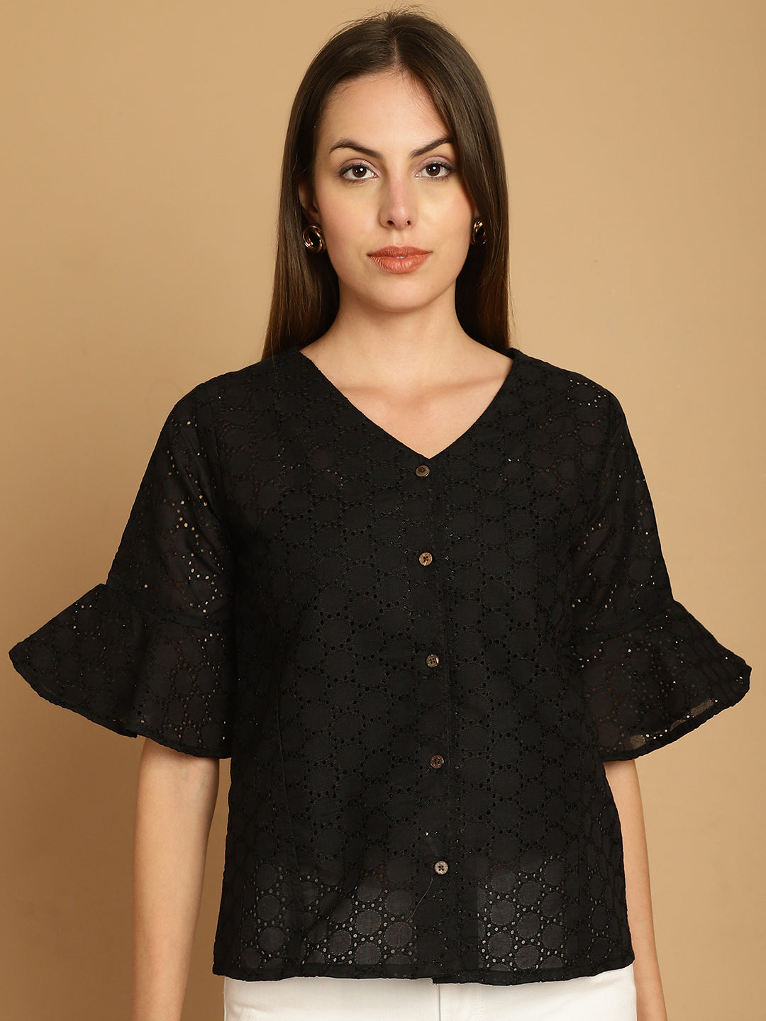 Indian Needle Women's Embroidered Cotton V-Neck Top - Black | Grocsy