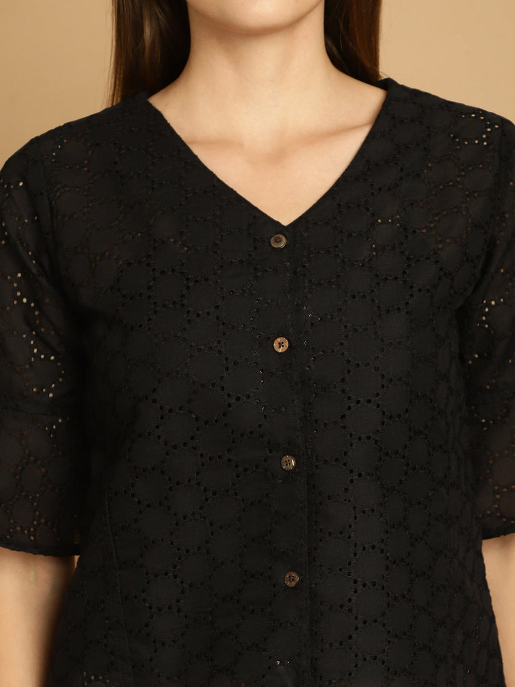 Indian Needle Women's Embroidered Cotton V-Neck Top - Black | Grocsy