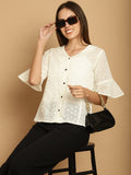 Indian Needle Women's Embroidered Cotton V-Neck Top - White | Grocsy