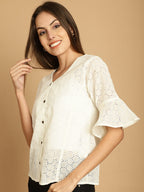 Indian Needle Women's Embroidered Cotton V-Neck Top - White | Grocsy
