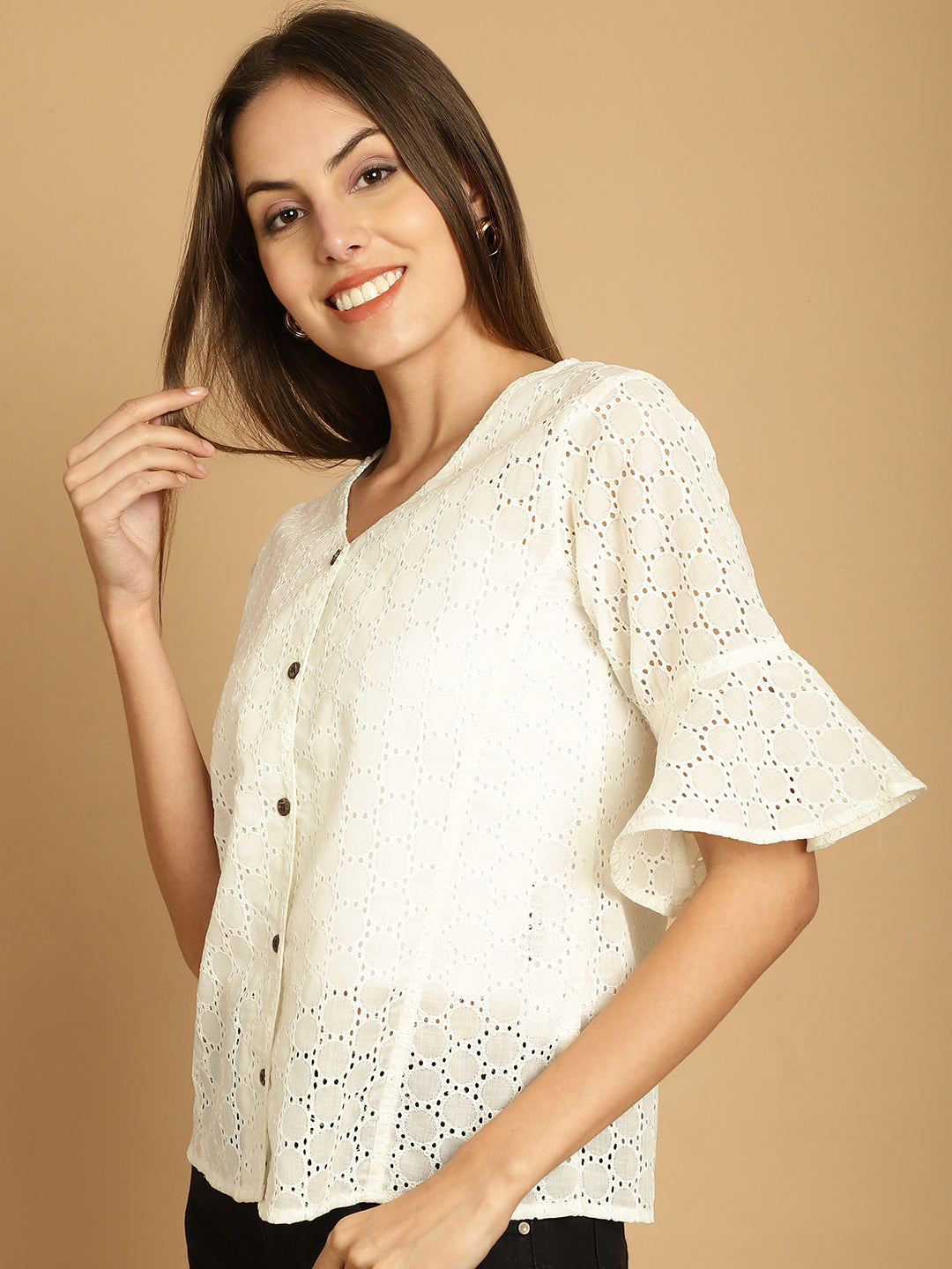 Indian Needle Women's Embroidered Cotton V-Neck Top - White | Grocsy
