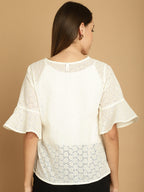 Indian Needle Women's Embroidered Cotton V-Neck Top - White | Grocsy