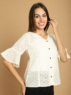 Indian Needle Women's Embroidered Cotton V-Neck Top - White | Grocsy