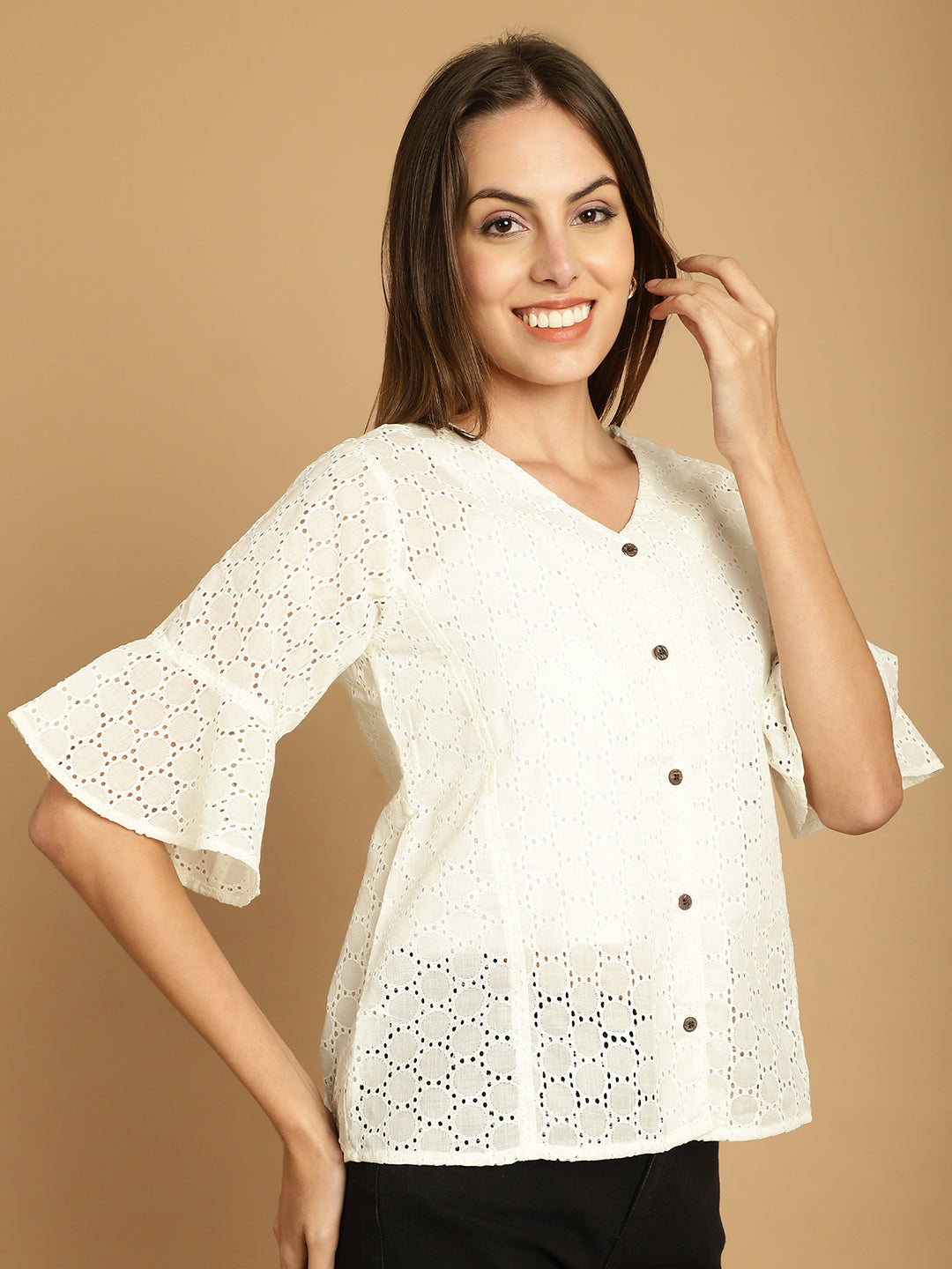Indian Needle Women's Embroidered Cotton V-Neck Top - White | Grocsy