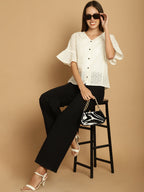 Indian Needle Women's Embroidered Cotton V-Neck Top - White | Grocsy
