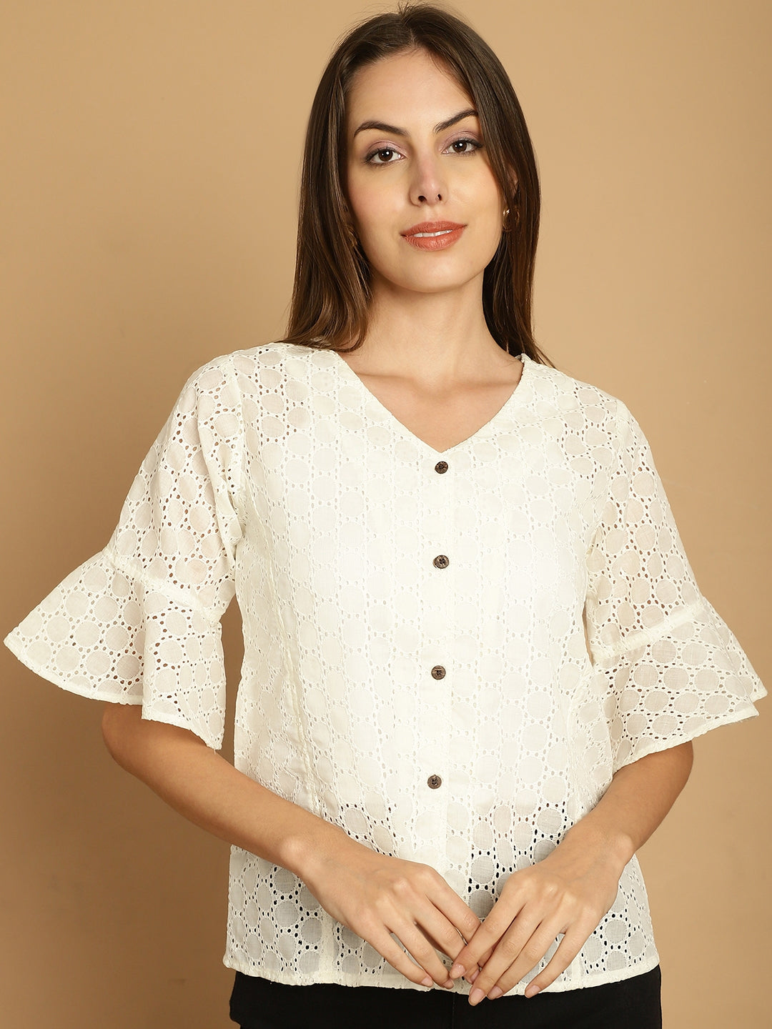 Indian Needle Women's Embroidered Cotton V-Neck Top - White | Grocsy