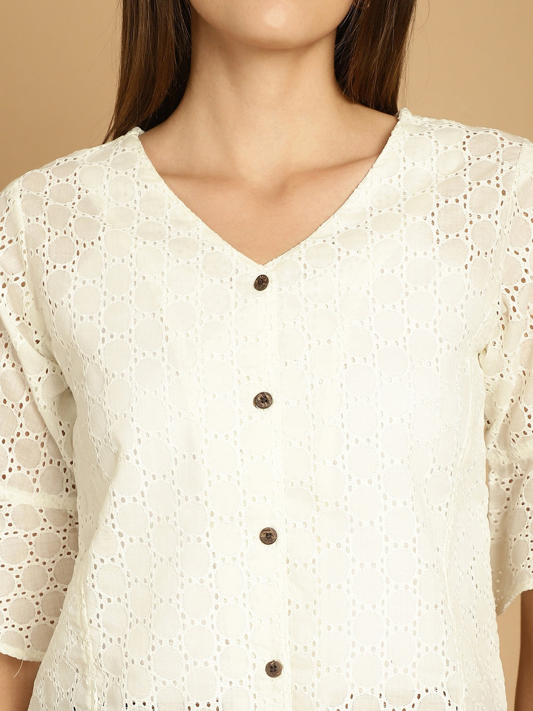 Indian Needle Women's Embroidered Cotton V-Neck Top - White | Grocsy