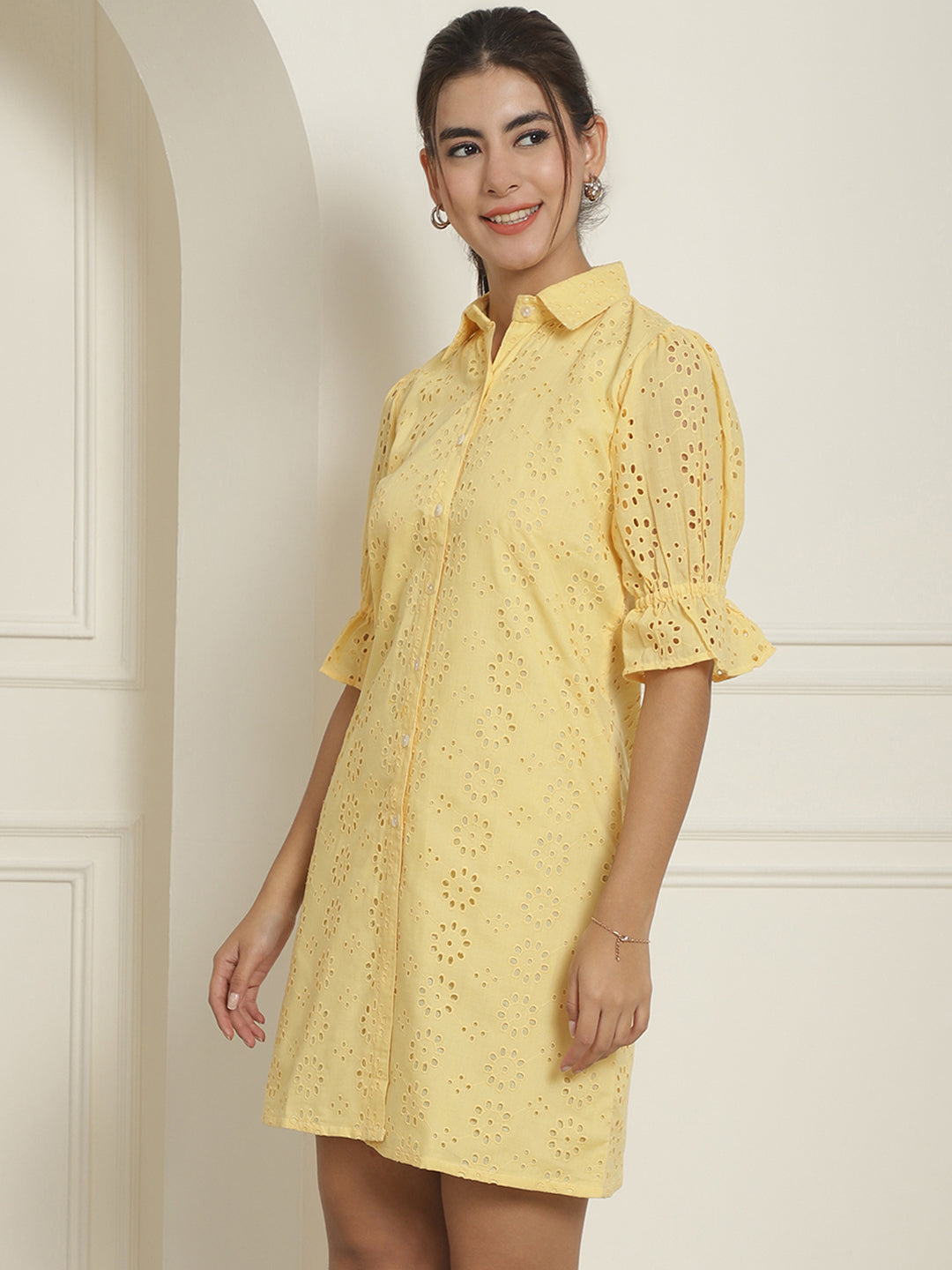 Indian Needle Women's Embroidered Cotton Dress - Yellow | Grocsy