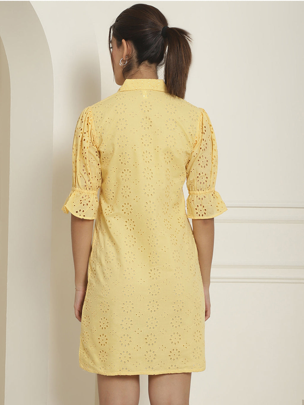 Indian Needle Women's Embroidered Cotton Dress - Yellow | Grocsy