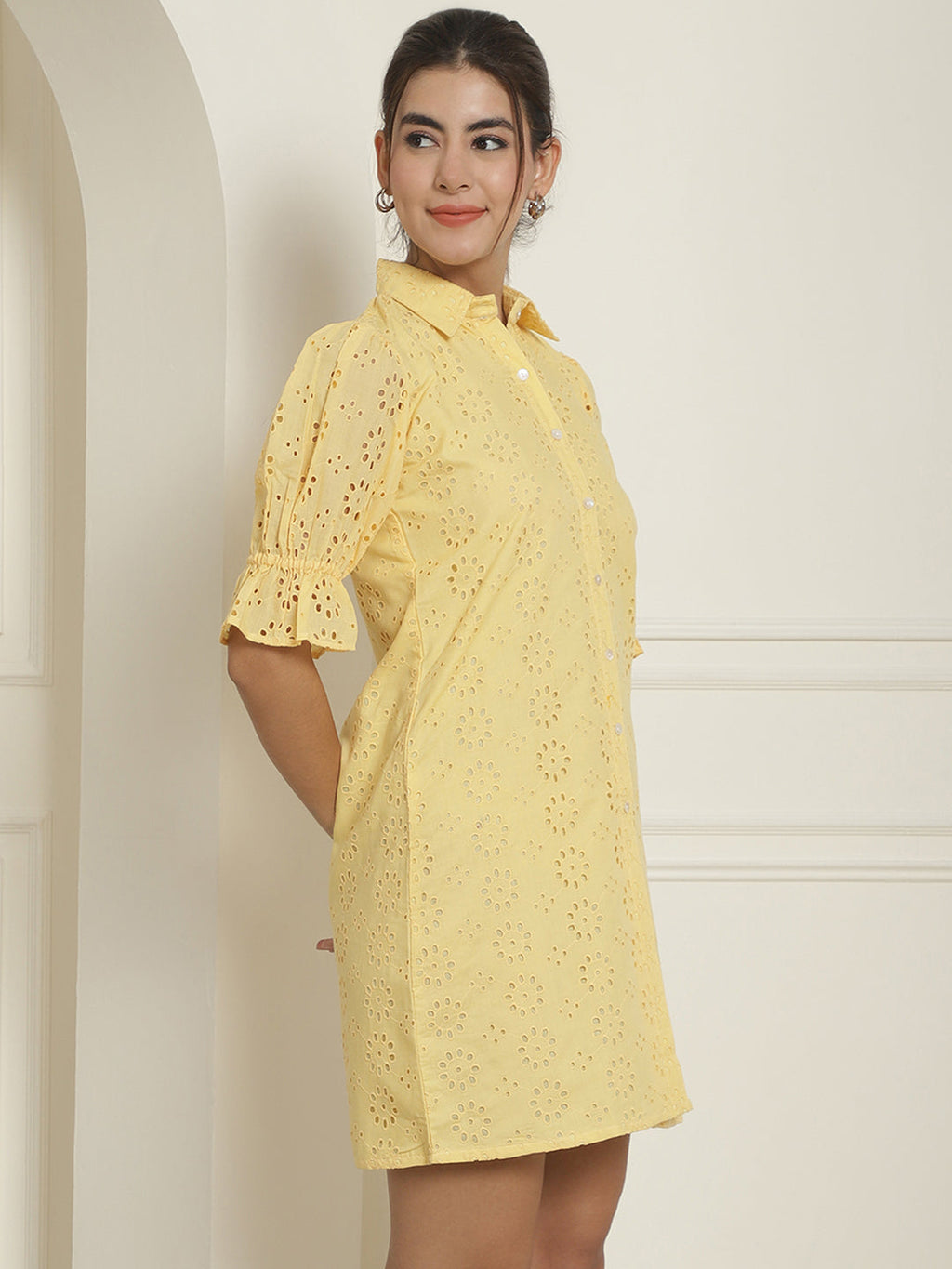 Indian Needle Women's Embroidered Cotton Dress - Yellow | Grocsy