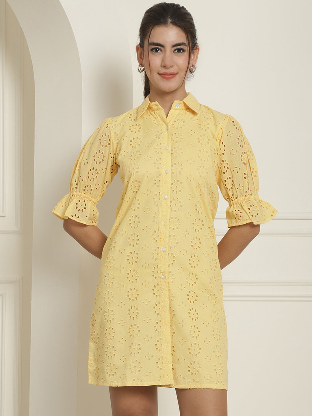 Indian Needle Women's Embroidered Cotton Dress - Yellow | Grocsy