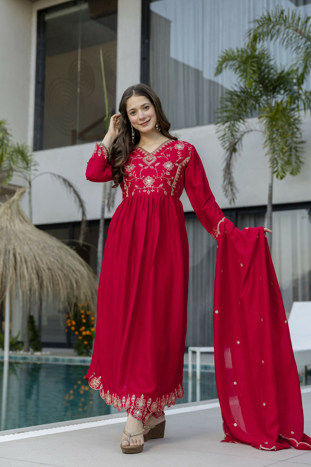 The52 Women's Beautiful Vichitra Silk Fabric Embroidery Work Flared Anarkali Pant and Dupatta Set | Grocsy